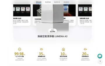 LUMENA A3 air purifier with feature cards and key figures