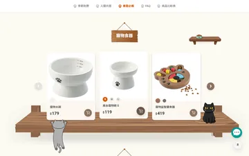 Pet bowls on an illustrated shelf with cats